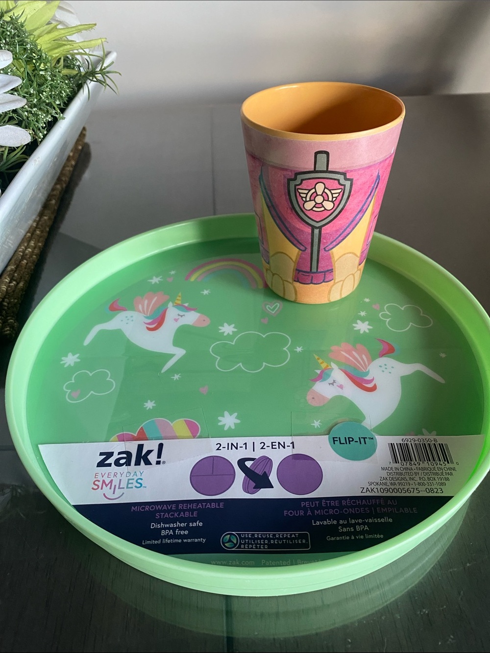 NEW🌈 ZAK Paw Patrol Cup & Unicorn “Flip It” Plate kitchen dinner kids